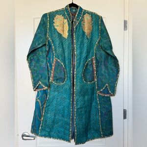 Turquoise Kantha Embroidered Long Jacket – Gold Thread Handwork, Boho Statement